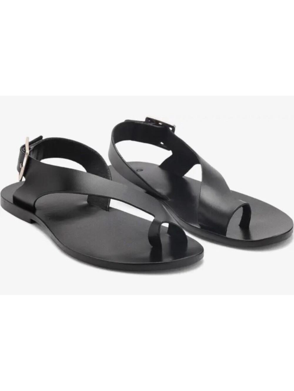 Brand New (No box) Mango Black Leather Toe-Loop Ankle-Strap Sandals